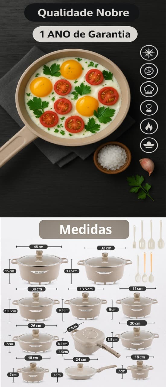 Qualidade Nobre - 1 ANO de Garantia - Medidas do conjunto de panelas LIFE SMILE